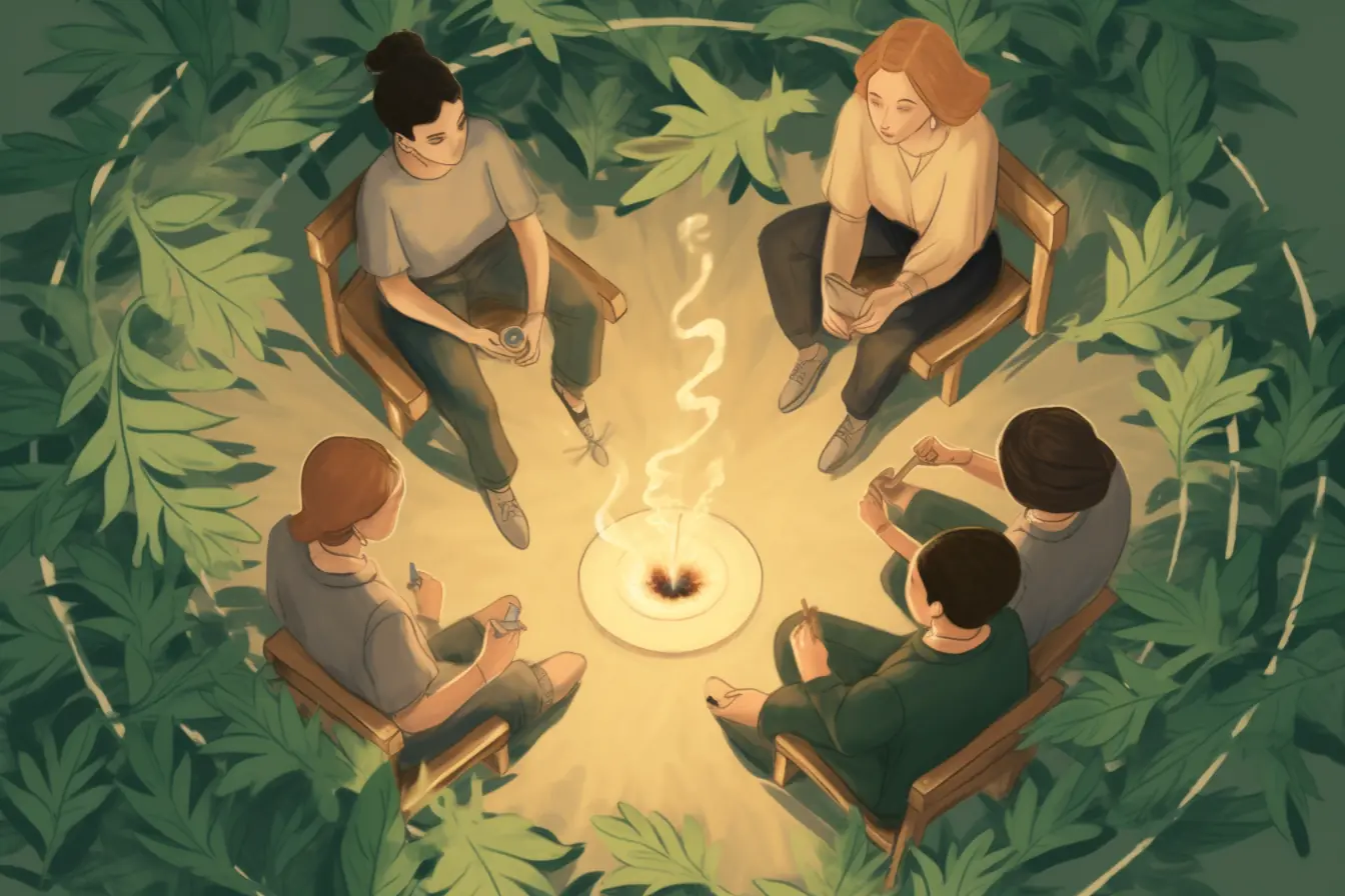 Die Blätter der Cannabispflanze sind das Emblem des Cannabis Social Club in Saarbrücken. Die Mitglieder gruppieren sich im Kreis um sie. Das Symbol des Cannabis Social Clubs in Saarbrücken ist ein Kreis aus Cannabisblättern, der zum relaxten Rauchen verlockt.