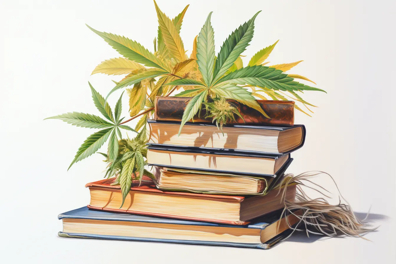 Eine originelle Kombination aus Büchern und Cannabisblättern zeigt die Reichhaltigkeit von Wissen und Natur. Farbenfrohe Bücher, die das Lesevergnügen fördern, sind unter Cannabis versteckt, einer Pflanze mit vielen Bezeichnungen.