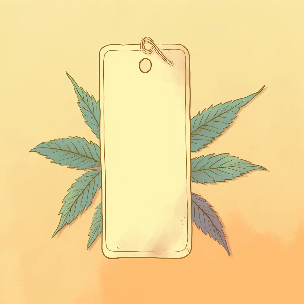 Ein Preislabel mit einem hängenden Marihuanablatt für den Cannabis-Social-Club in Saarbrücken Ein kunstvolles Cannabisblatt in hellen Tönen schmückt das Preisschild, das das Zeichen des liebenswerten Cannabis-Social-Clubs in Saarbrücken ist.