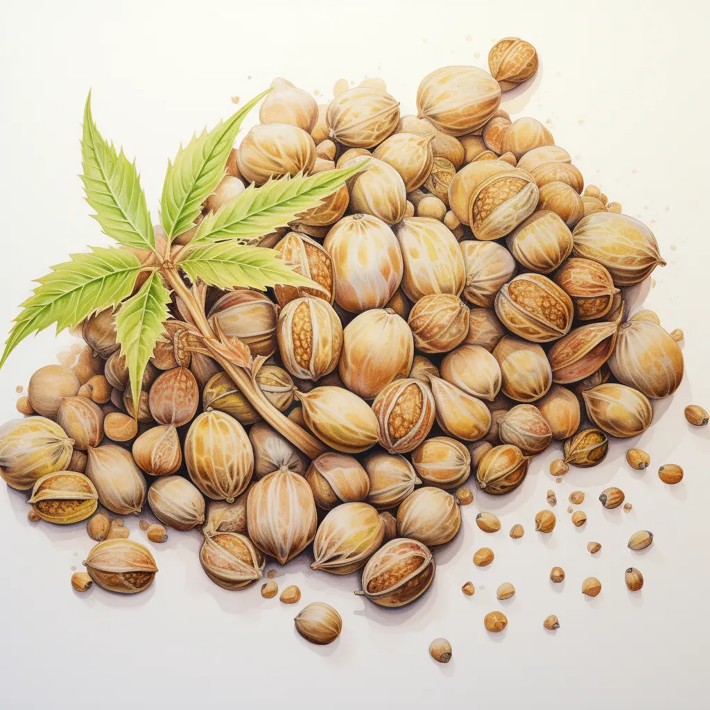Hanfsamen in weichen Farbnuancen - eine zeichnerische Gestaltung mit einem Hauch von Wahrheit Cannabis-Samen füllen eine helle Fläche aus.