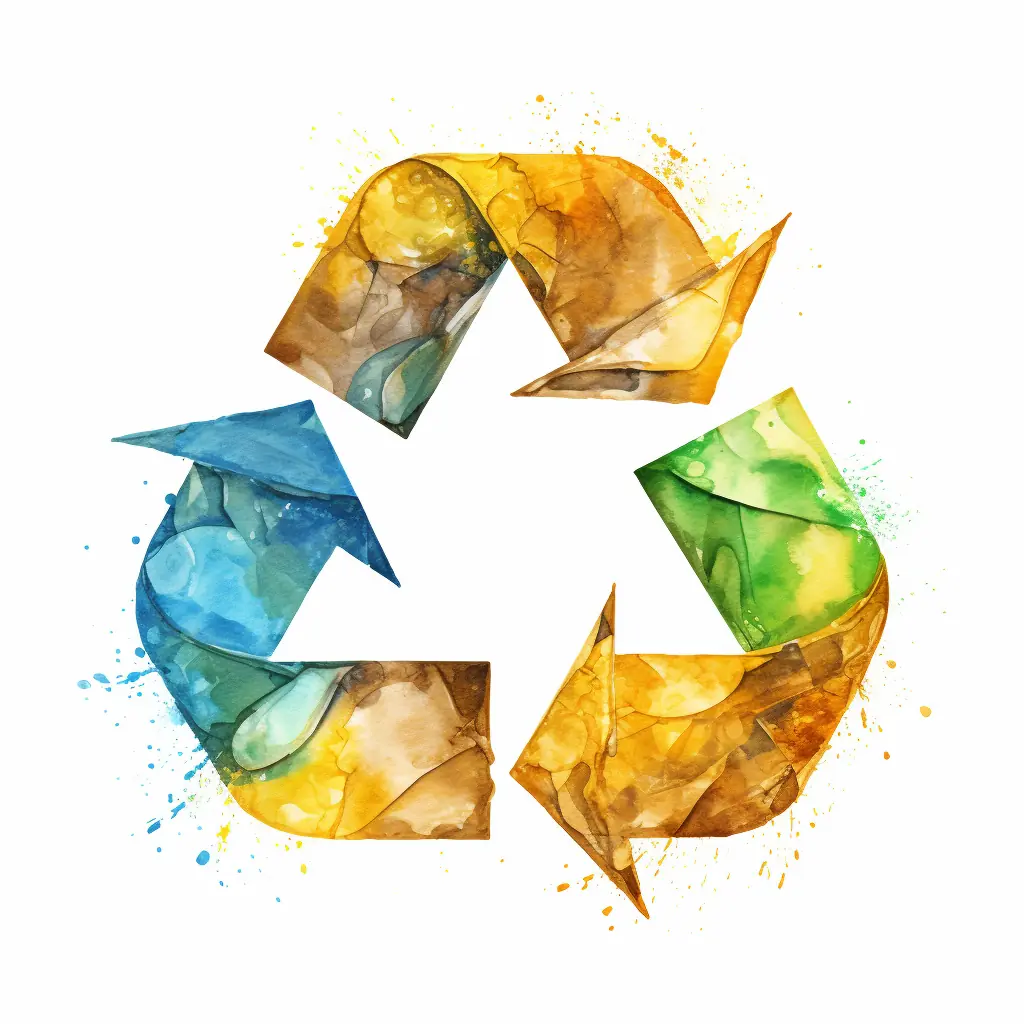 Ein originelles Recycling-Symbol in sanften Farbtönen ist ein künstlerischer Ausdruck für Umweltschutz, das halb echt, halb skizziert ist. Ein Recycling-Zeichen in einer lebendigen Farbe befindet sich auf einem weißen Hintergrund und lockt die Aufmerksamkeit an.